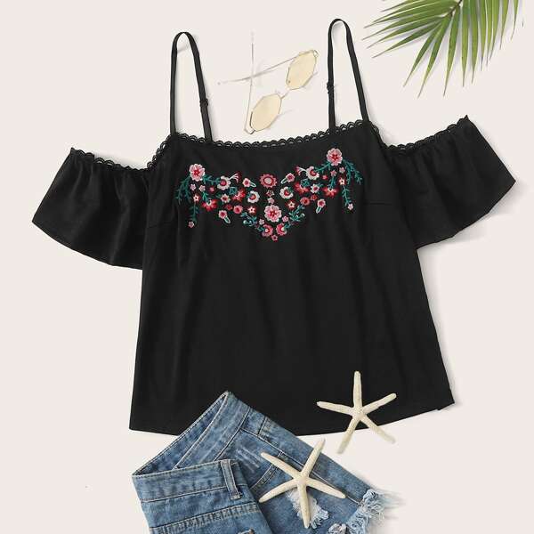 

Floral Embroidery Cold Shoulder Blouse, Black