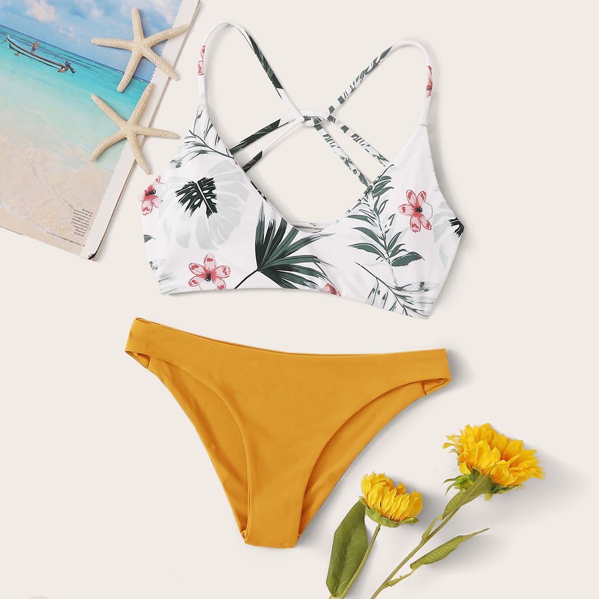 

Random Tropical Criss Cross Back Cheeky Bikini Swimsuit, Multicolor