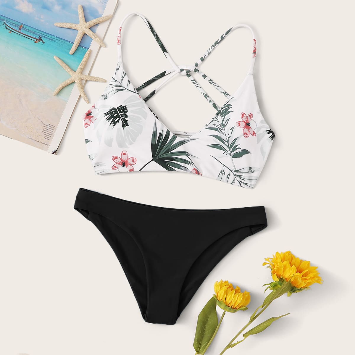 

Random Tropical Tie Back Cheeky Bikini Swimsuit, Multicolor