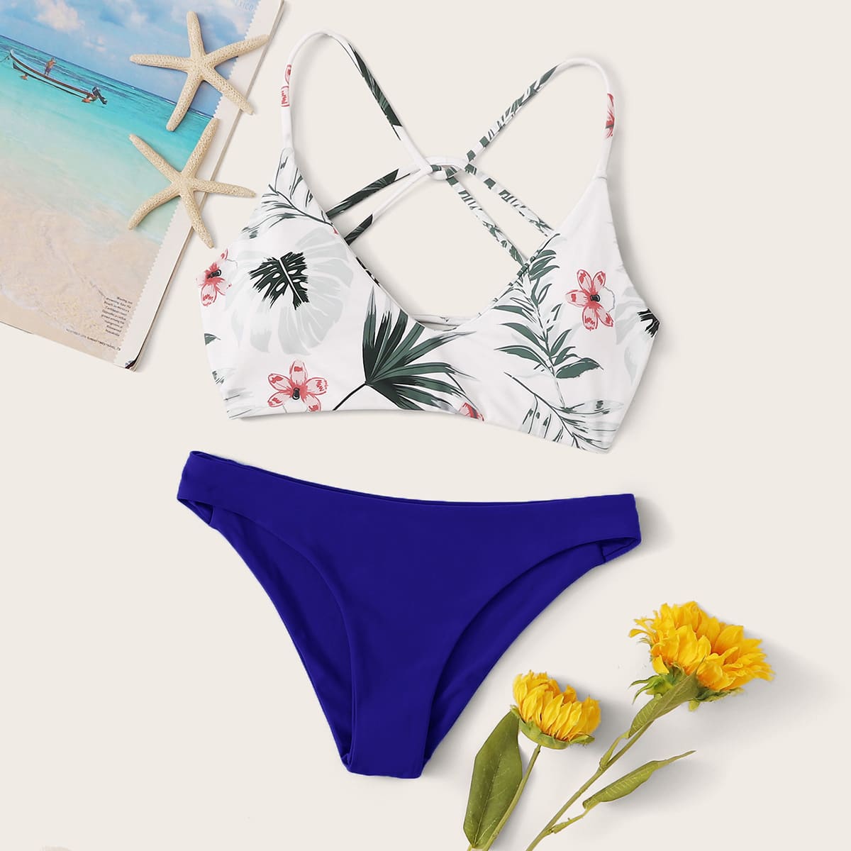 

Tie Back Random Tropical Cheeky Bikini Swimsuit, Multicolor