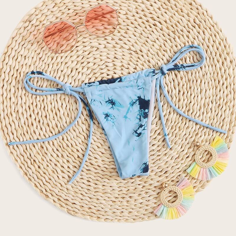 Tie Dye Tie Side Thong Bikini Bottom, Blue