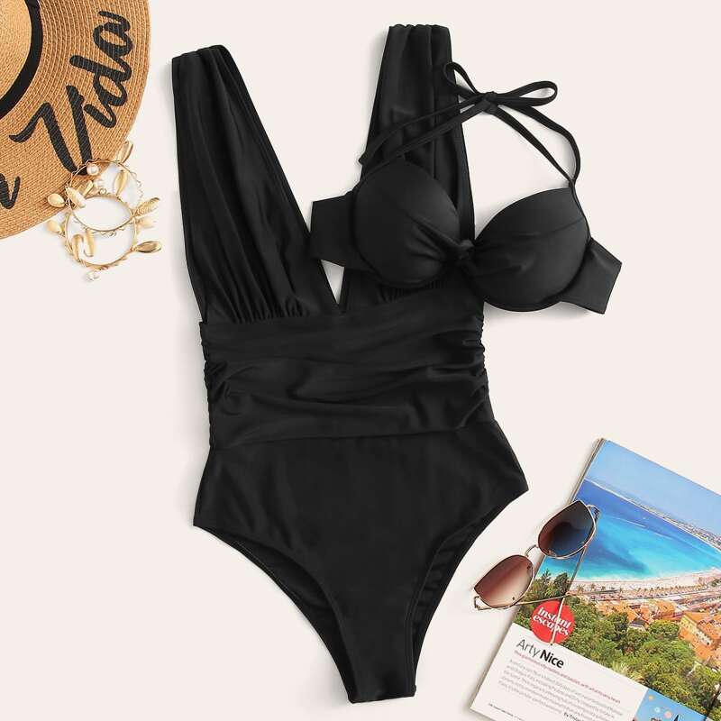 

2pack Underwire Halter Top With One Piece Swimsuit, Black