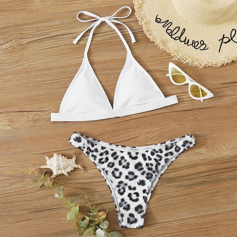 

Leopard Mix & Match Halter Triangle Bikini Swimsuit, Multicolor