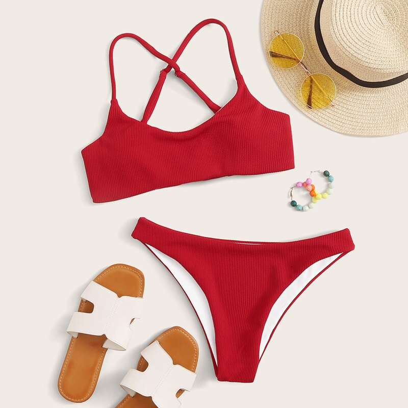 Rib Criss Cross Cheeky Bikini Swimsuit, Red