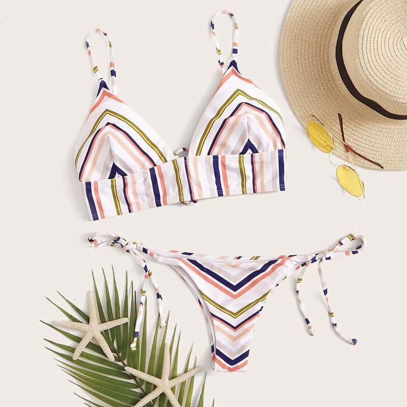 

Striped Knotted Detail Tanga Bikini Swimsuit, Multicolor