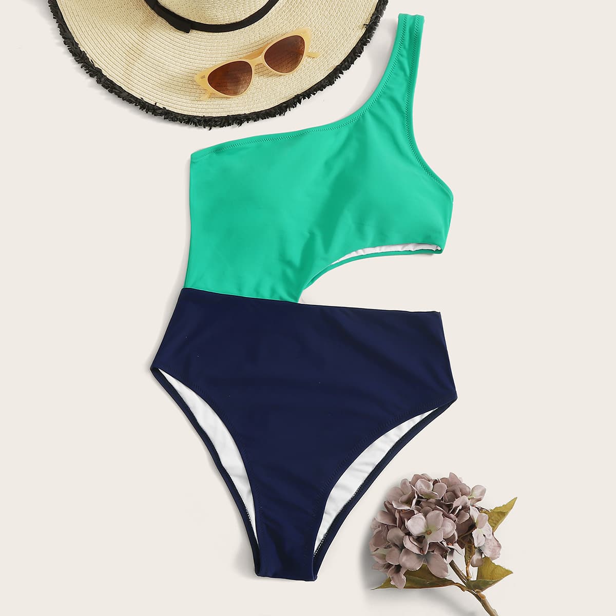 

Two Tone Cut-out One Shoulder One Piece Swimsuit, Multicolor