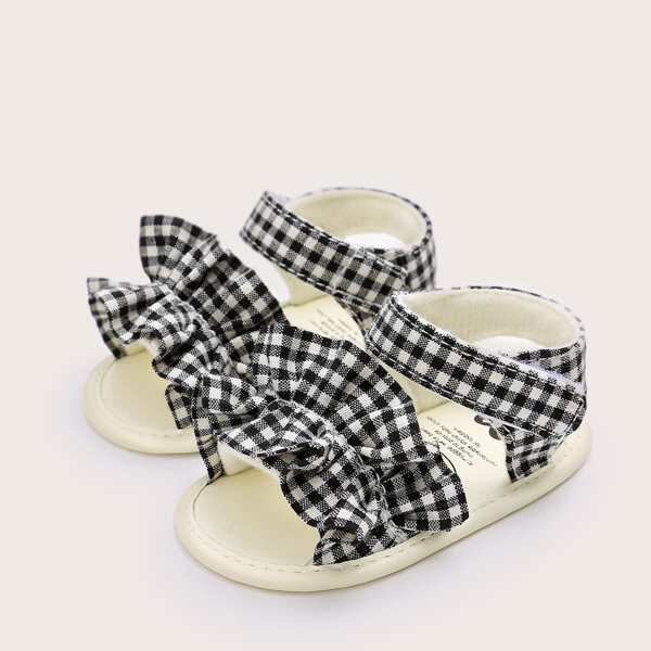 

Baby Girl Ruffle Trim Gingham Pattern Sandals, Black and white