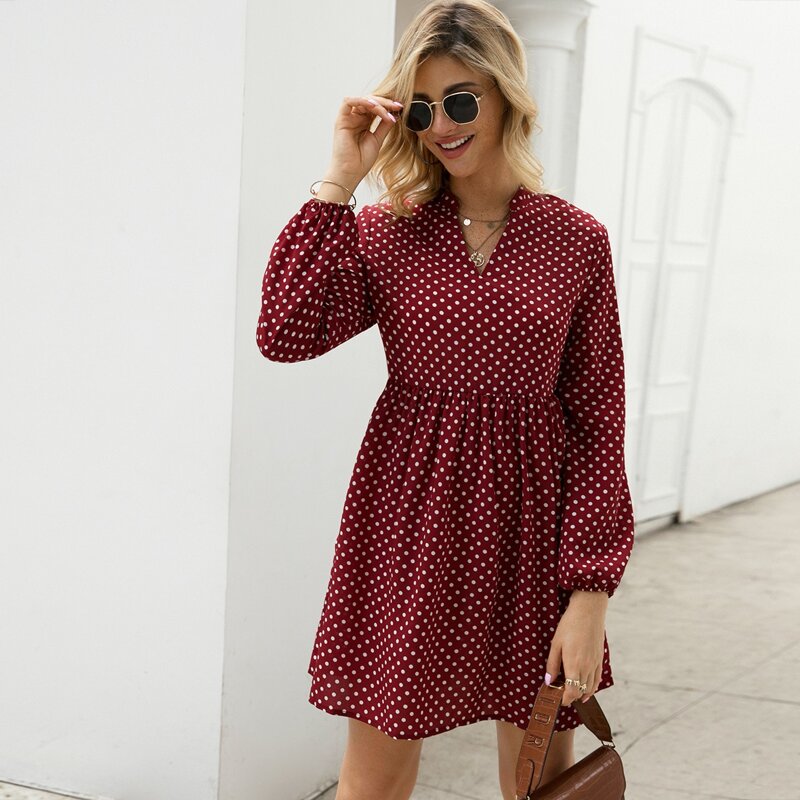 

Notched Polka Dot Smock Dress, Burgundy