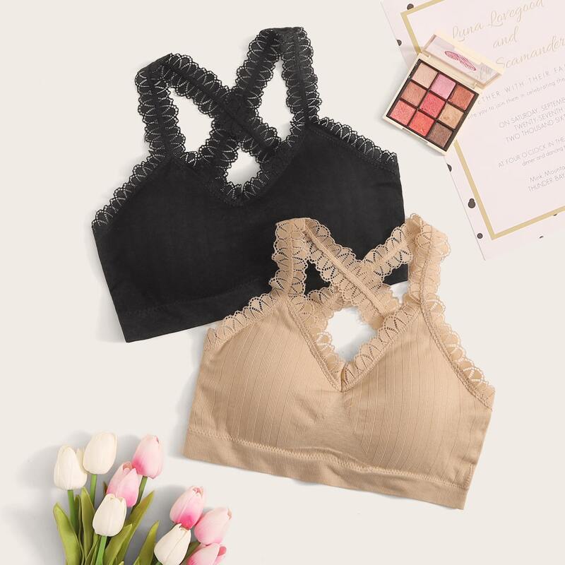 

2pack Crisscross Lace Trim Bra Set, Multicolor