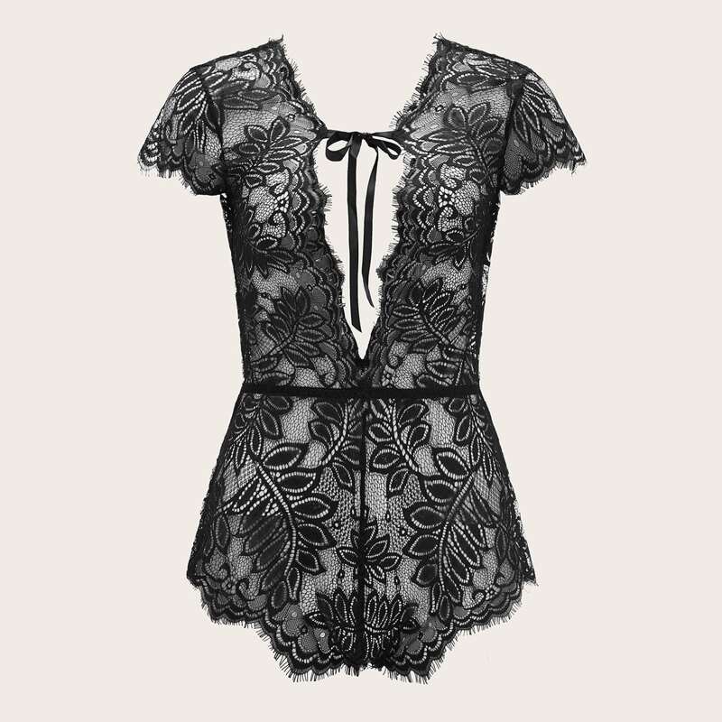 

Tie Front Leaf Lace Teddy Bodysuit, Black