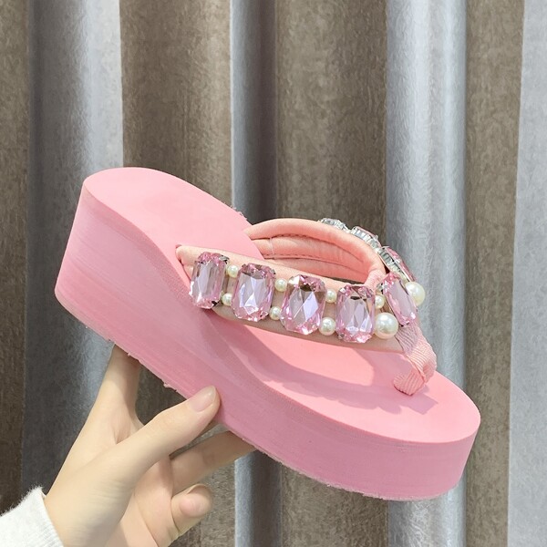 

Toe Post Gemstone Decor Клин Мулы, Розовые