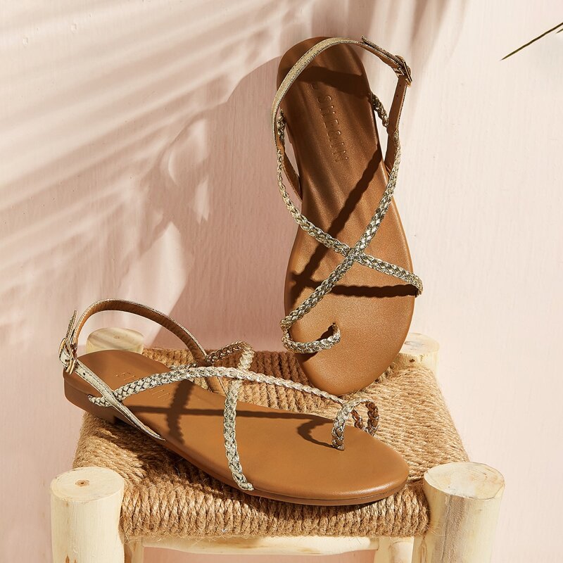 

Toe Ring Braided Strap Sandals, Gold