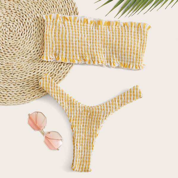 

Striped Smocked Frill Bandeau Bikini Swimsuit, Yellow