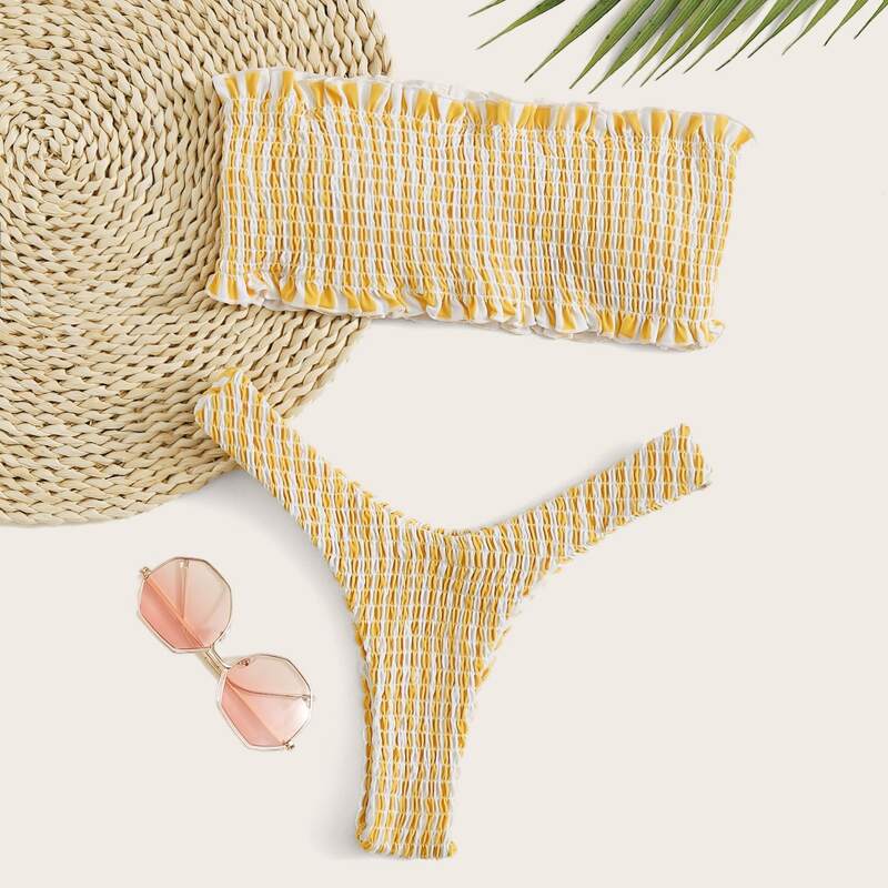 

Striped Smocked Frill Bandeau Bikini Swimsuit, Yellow