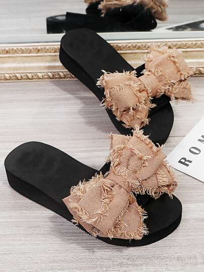 Frayed Bow Decor Chunky Sole Sliders