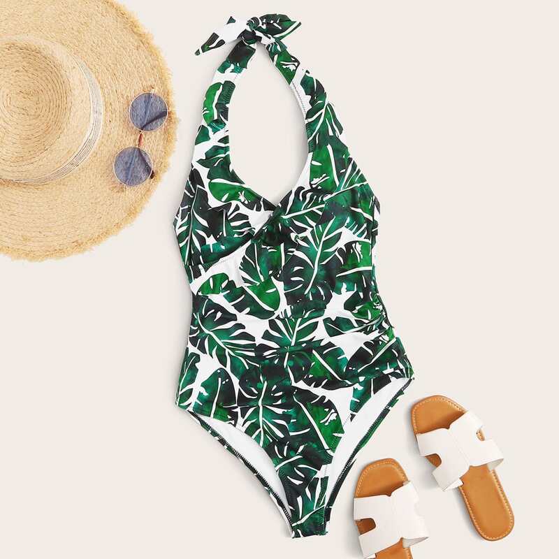 Tropical Wrap Halter One Piece Swimsuit, Green