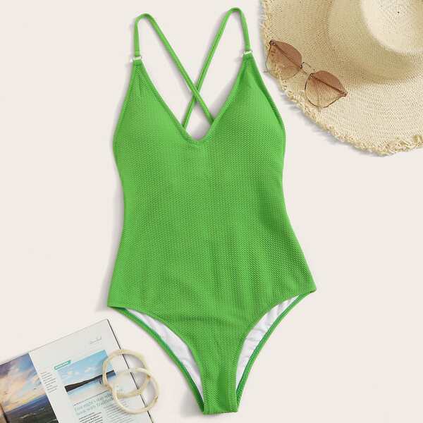 

Textured Criss Cross One Piece Swimsuit, Green