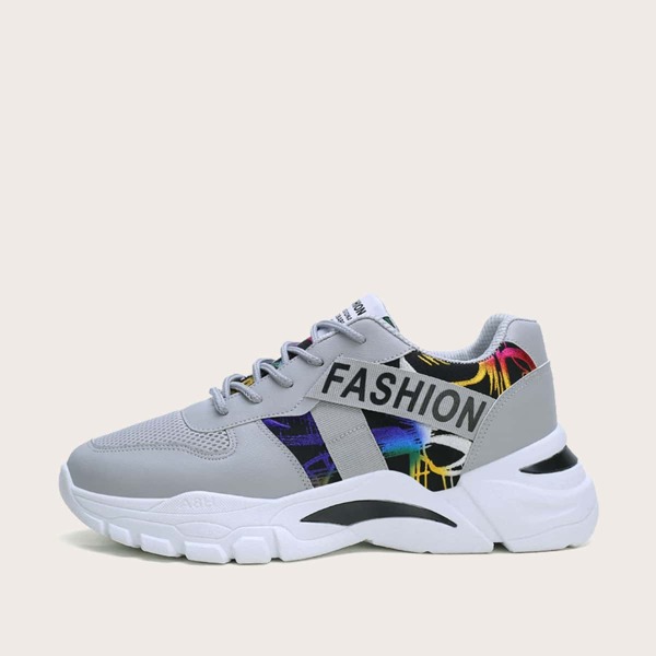 

Men Lace-up Front Letter Graphic Chunky Sneakers, Grey
