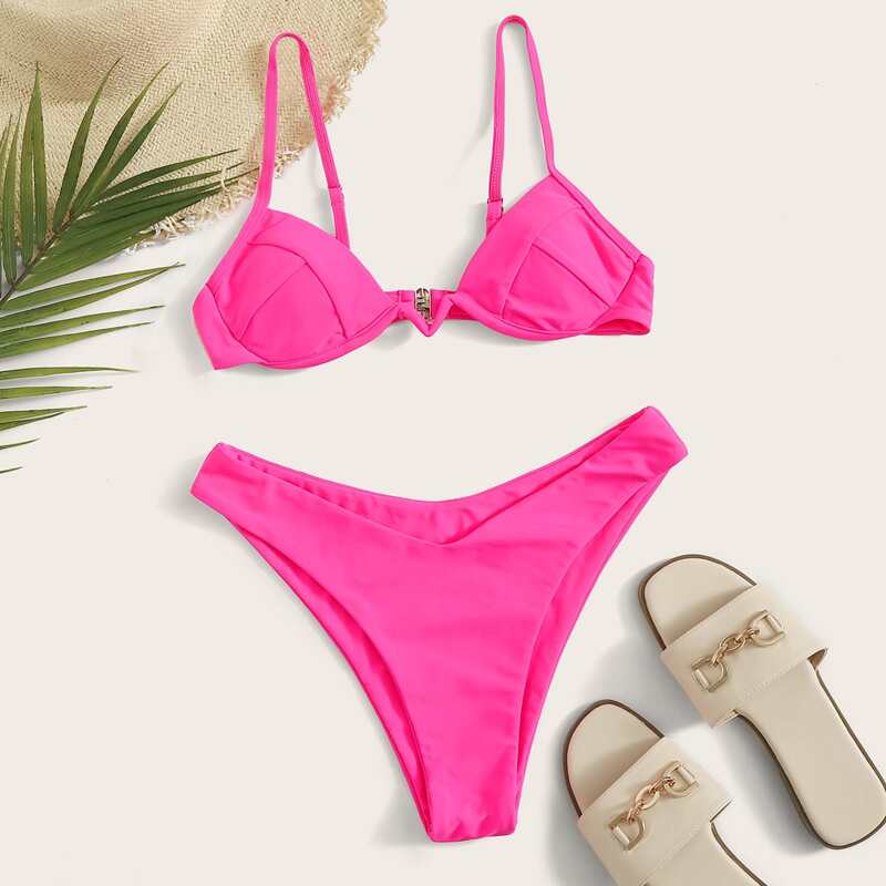 

Underwire Top High Cut Bikini Swimsuit, Pink bright