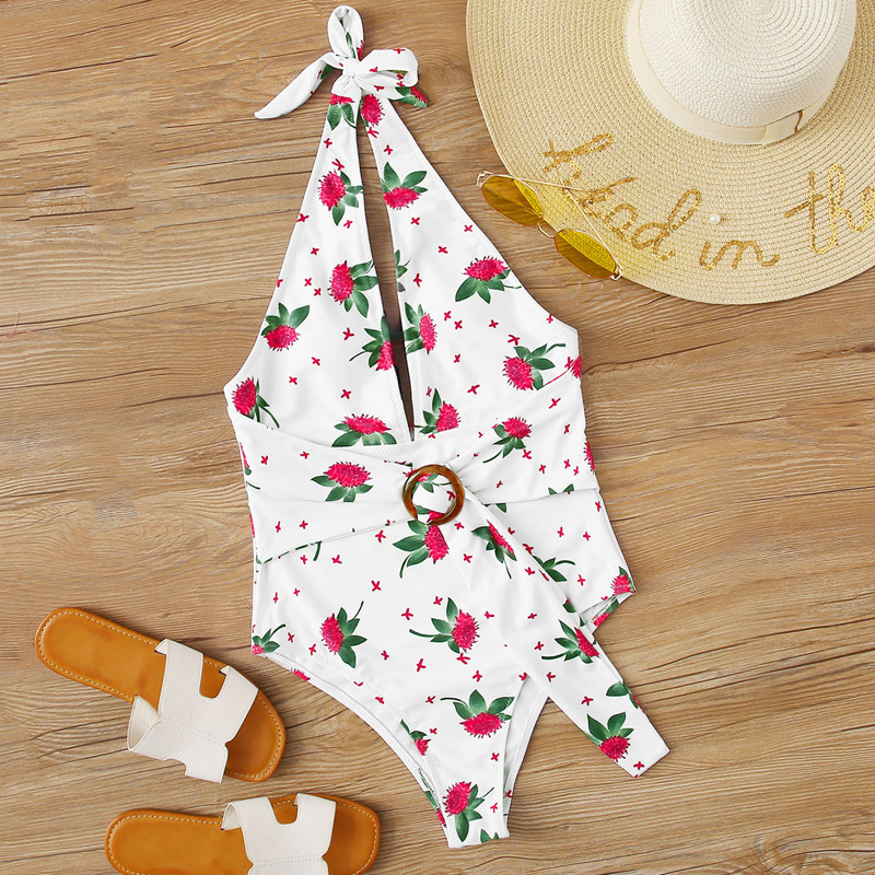 

Floral Plunging Neck Halter One Piece Swimsuit, Multicolor