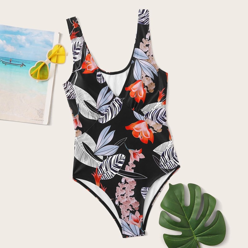 

Floral & Plant Print One Piece Swimsuit, Multicolor