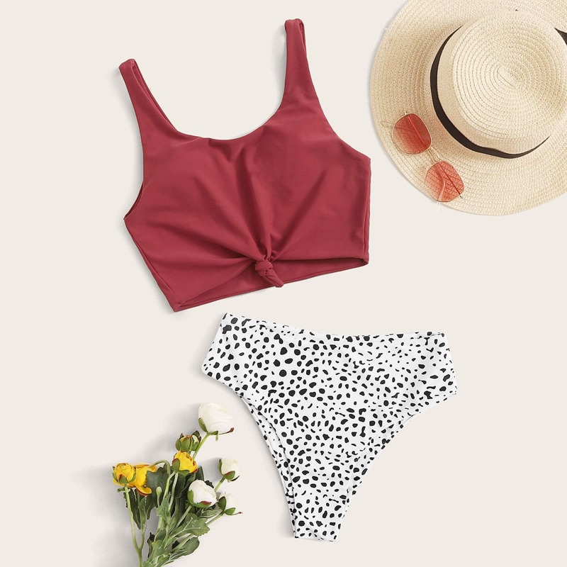 

Tie Front Dalmatian High Waist Bikini Swimsuit, Multicolor