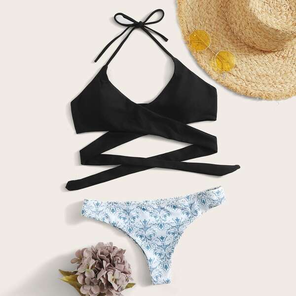 

Random Tribal Wrap Halter Bikini Swimsuit, Multicolor
