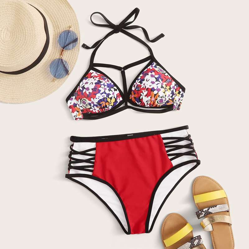 

Random Floral Halter Harness Criss Cross Bikini Swimsuit, Multicolor