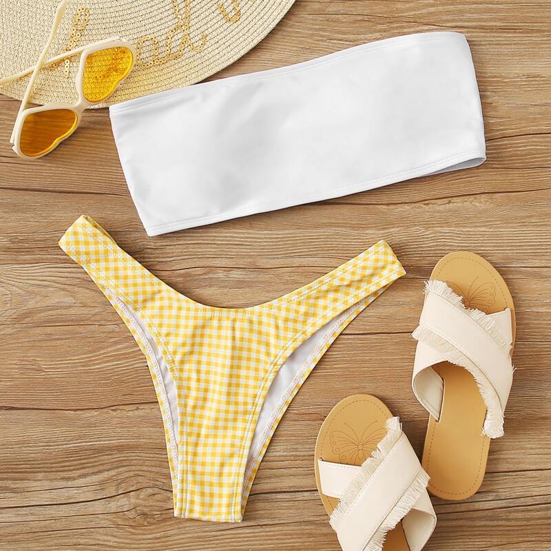 

High Cut Bandeau Bikini Swimsuit, Multicolor