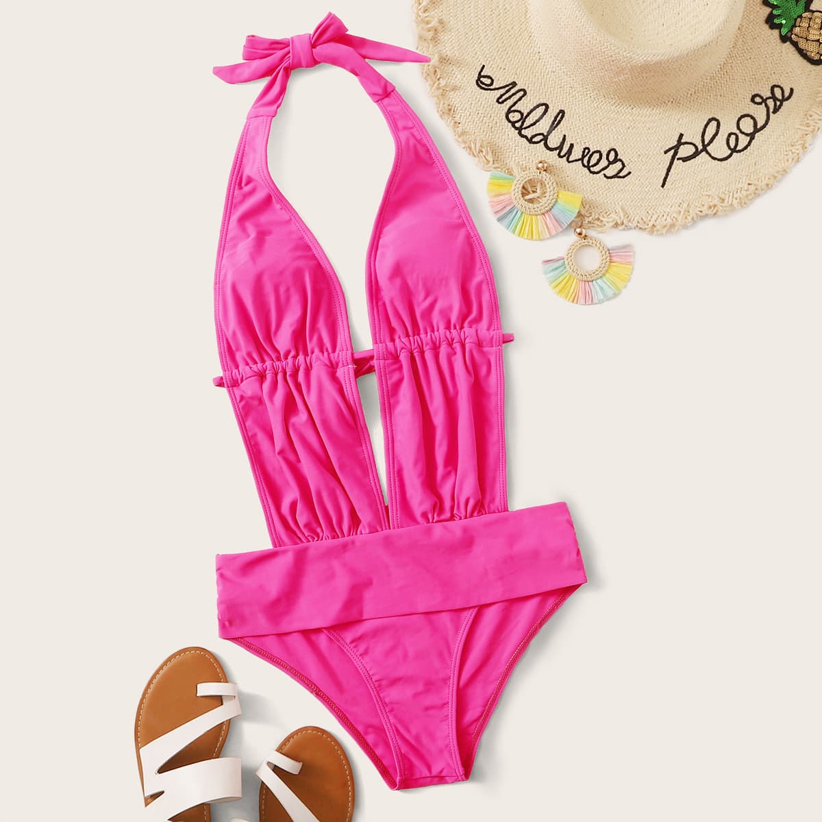 

Neon Pink Plunging Halter One Piece Swimsuit, Pink bright