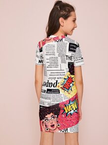 SHEIN Girls Mock-neck Newspaper Print Dress - Multicolor - View 2