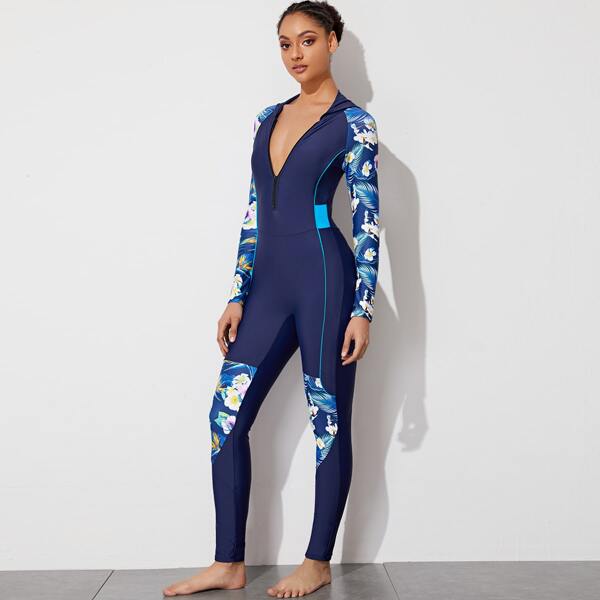 

Floral Zip Front Long Sleeve One Piece Swimsuit, Navy blue