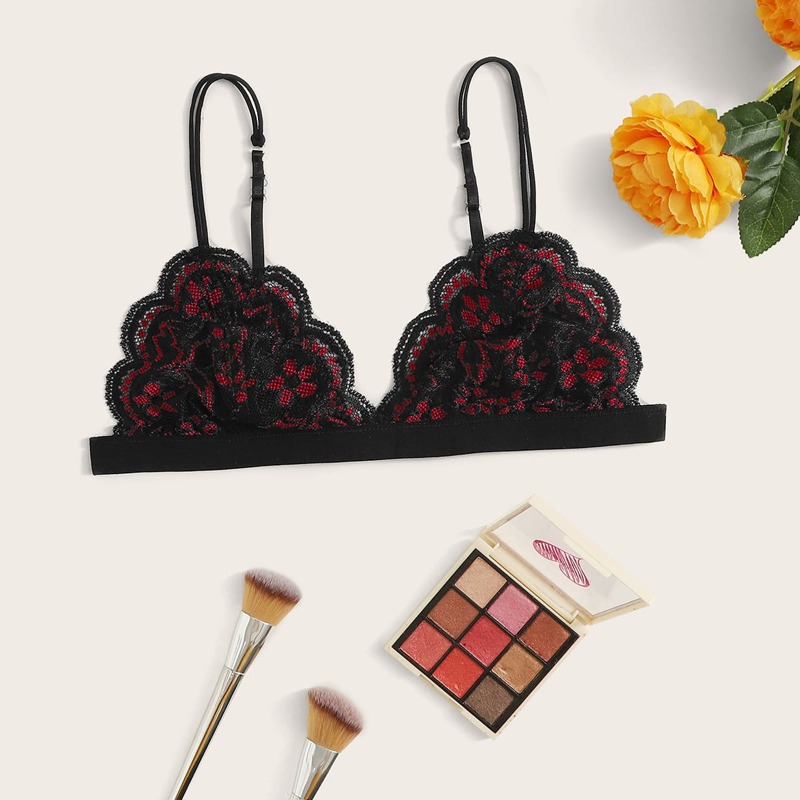 

Scallop Floral Lace Bra, Black
