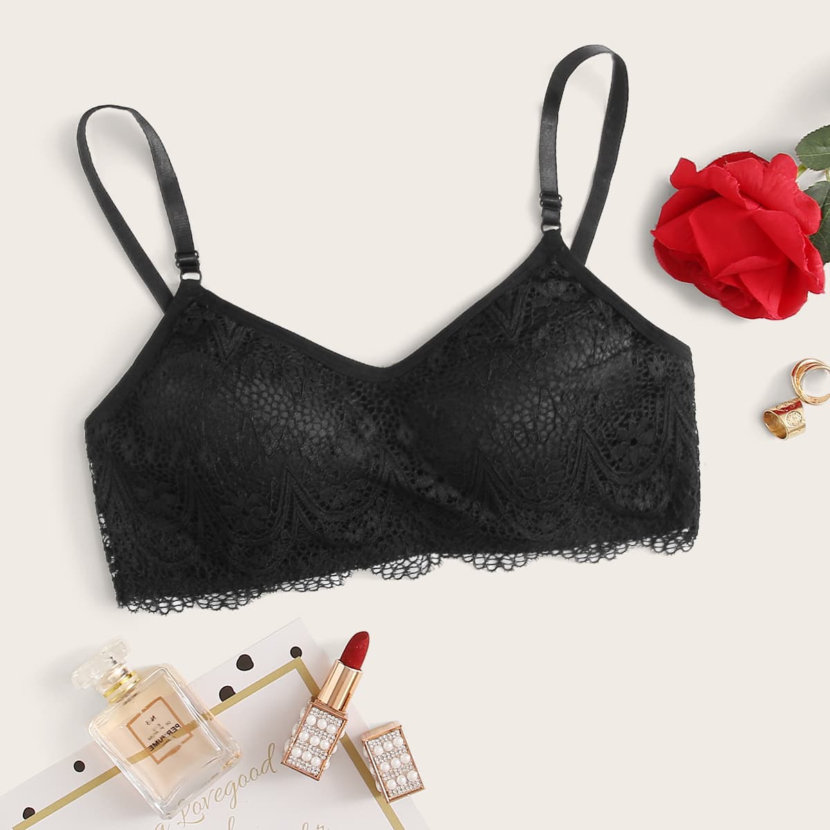 

Floral Lace Adjustable Strap Bra, Black