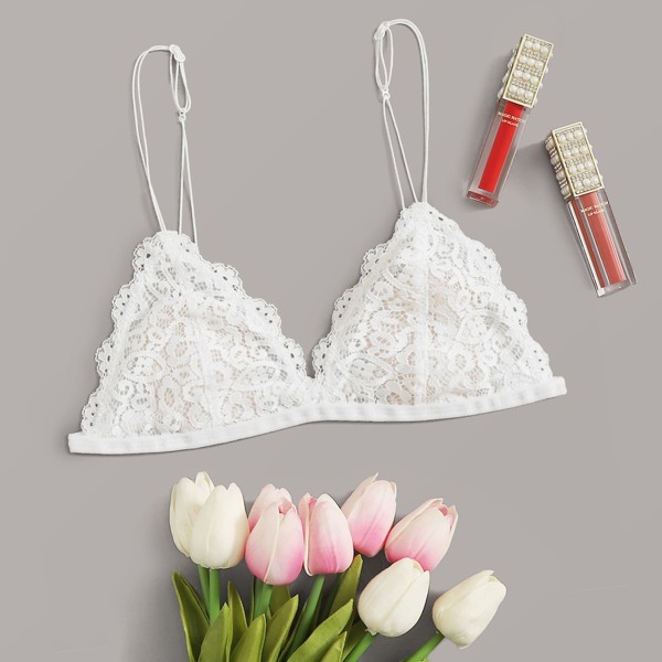 

Scallop Lace Spaghetti Strap Bra, White
