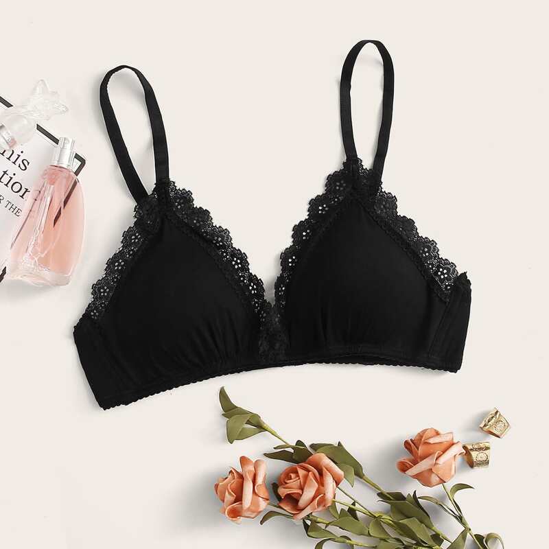 

Lace Trim Adjustable Strap Bra, Black