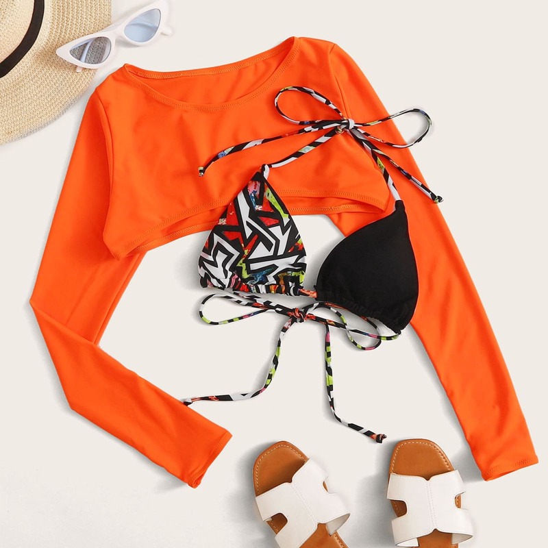 

2pack Triangle Halter Long Sleeve Bikini Top, Multicolor