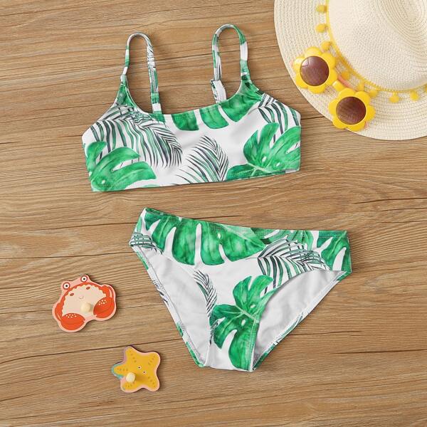 

Girls Tropical Print Bikini Set, Green