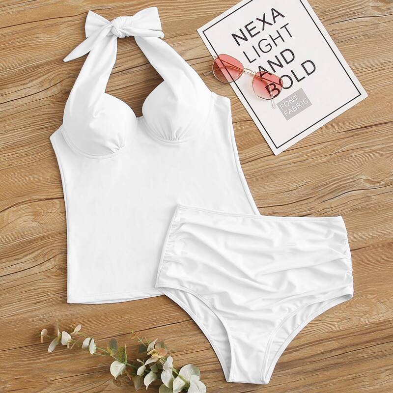 Underwire Halter Ruched High Waisted Bikini Swimsuit, White