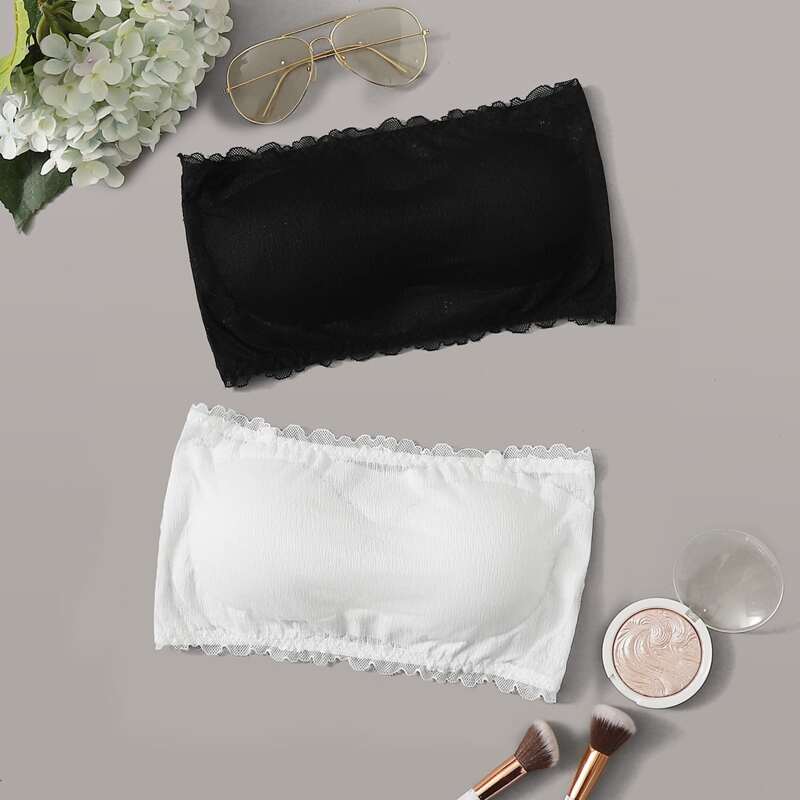 

2pack Lettuce Trim Bandeau Bra Set, Black and white