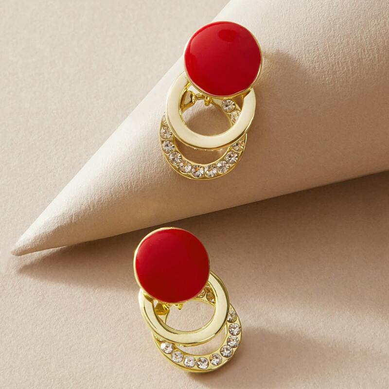 

1pair Rhinestone Engraved Round Earrings, Multicolor