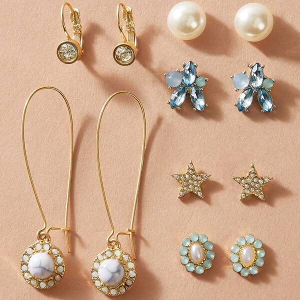 

6pairs Rhinestone Engraved Faux Pearl Decor Earrings Set, Multicolor