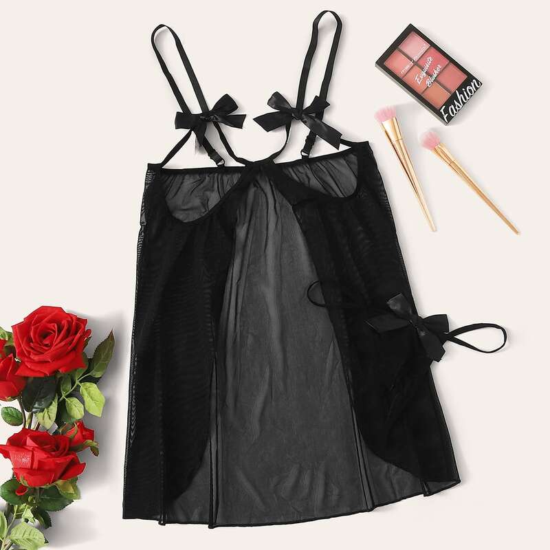 

Bow Tie Slips With Crotchless Thong, Black