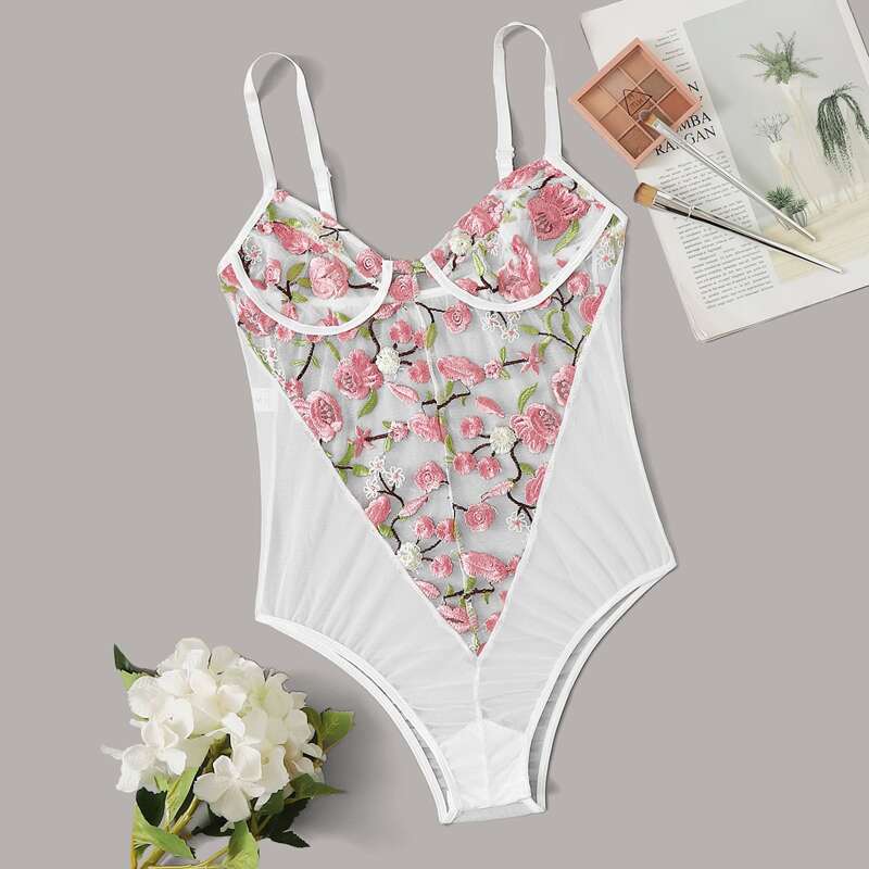 

Floral Embroidery Teddy Bodysuit, Multicolor