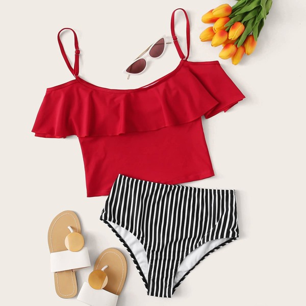 

Ruffle Trim Striped Bikini Swimsuit, Multicolor