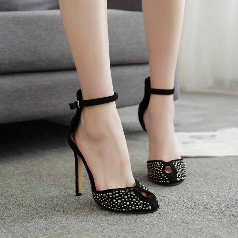 

Studded Decor Ankle Strap Stiletto Heels, Black
