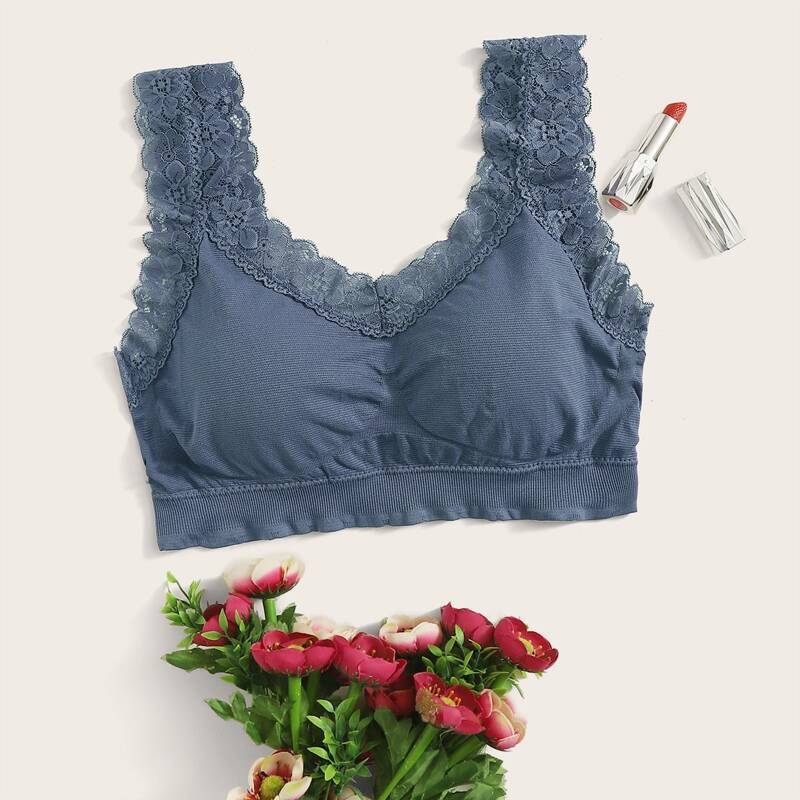 

Floral Lace Trim Bralette, Blue