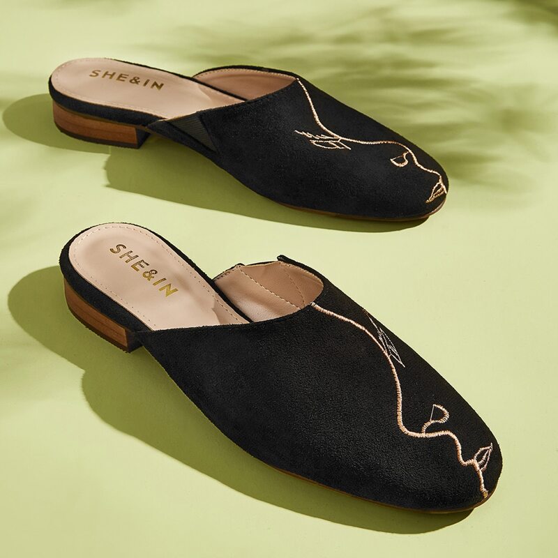 

Embroidered Detail Suede Flat Mules, Black