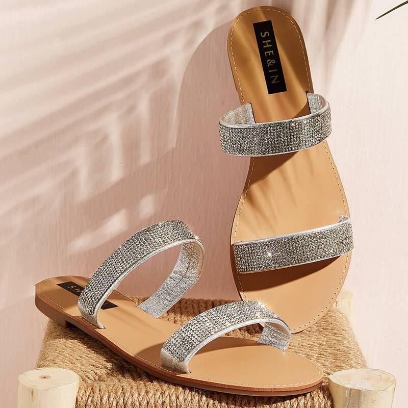 

Rhinestone Decor Open Toe Sliders, Silver