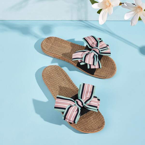 

Striped Bow Decor Linen Sliders, Multicolor